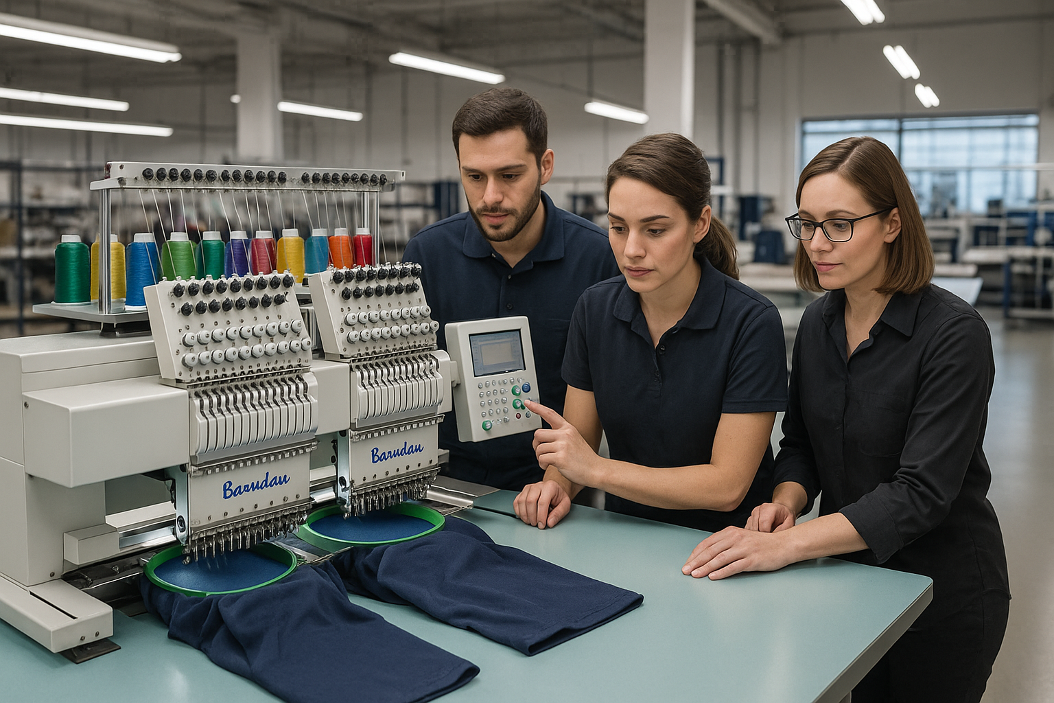 3 employees working on Barudan Embroidery commercial machine in a factory