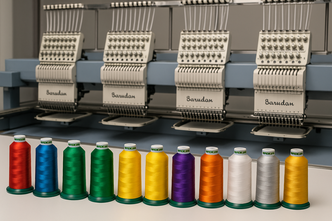 Row of different Madeira embroidery thread with Barudan 6 head embroidery machine